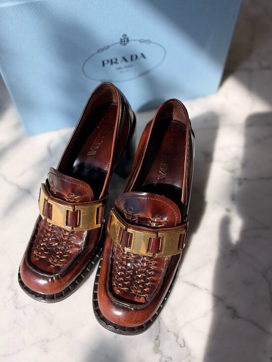 Prada Shoes - PRADA Leather Woven Heeled Loafers Gold Buckle w/ Box